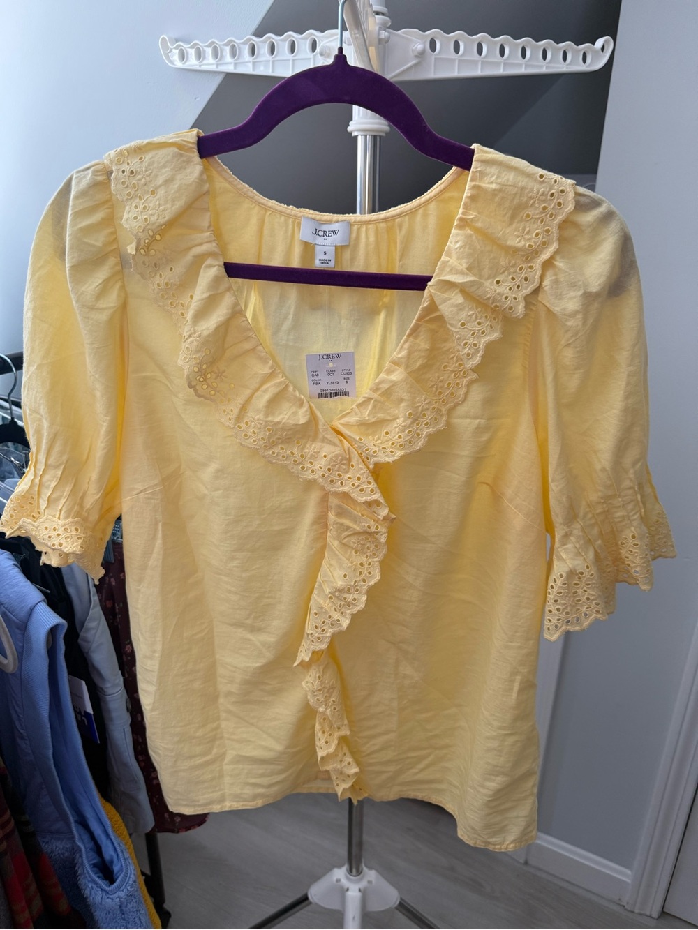 J. Crew Pale Yellow Eyelet Ruffle Blouse